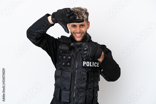 SWAT caucasian man isolated on white background focusing face. Framing symbol