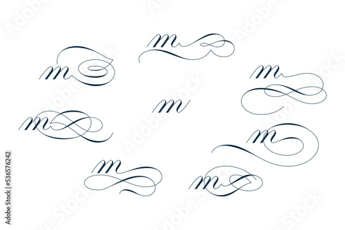 Set of beautiful calligraphic flourishes on letter m isolated on white background for decorating text and calligraphy on postcards or greetings cards. Vector illustration.