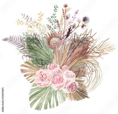 Fototapeta Naklejka Na Ścianę i Meble -  Watercolor illustration with a bouquet with flowers of light roses and dried flowers of pampas grass and palm leaves in Boho style isolated on a white background