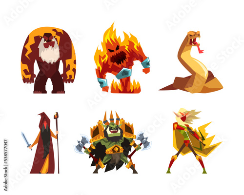 Fantastic Magical Creature Character and Monster with Wizard, Burning Flame, Serpent, Archer and Bigfoot Vector Set