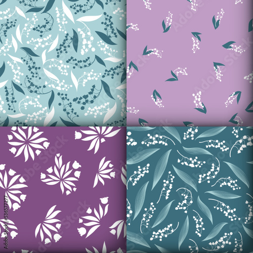 Floral Pattern Set. Seamless Lili of the Valley Texture. Fresh Blossom Illustration. Floral Pattern Set. Vintage Leaves Invitation. Bunch of Convallaria Majalis. Spring Floral Pattern.