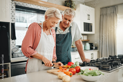 Fotografie Senior couple, healthy food and cooking lunch together in Australia kitchen at home