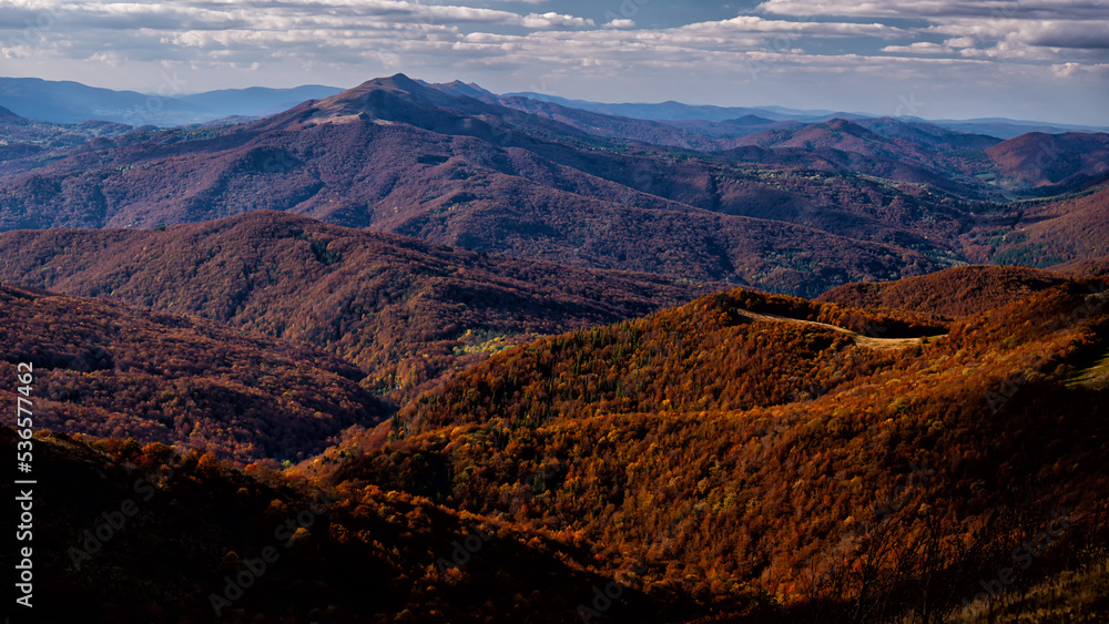 Colorful autumn mountain landscape, Bieszczady Mountains, Carpathians, Poland.