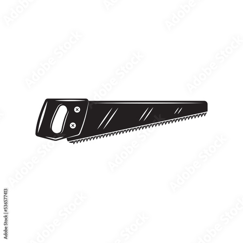 Vintage carpentry woodword mechanic long saw. Can be used like emblem, logo, badge, label. mark, poster or print. Monochrome Graphic Art. Vector
