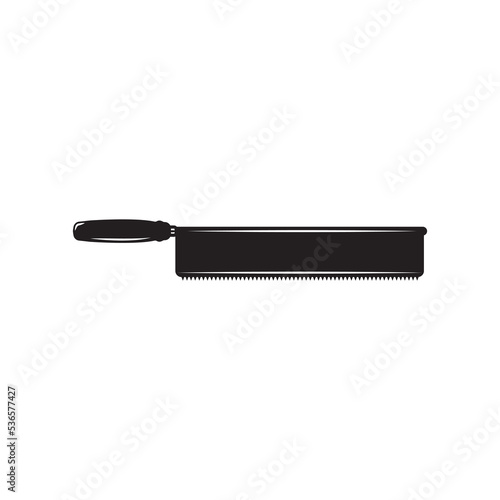 Vintage carpentry woodword mechanic long saw. Can be used like emblem, logo, badge, label. mark, poster or print. Monochrome Graphic Art. Vector