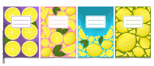 Set of 4 cover templates for notebooks with lemons, slices and leaves. Illustration in flat style with abstract waves. Isolated on white background.