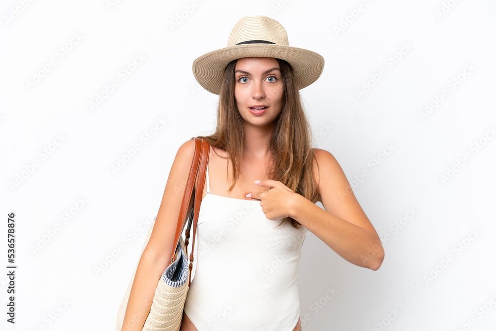 Young caucasian woman in swimsuit in summer holidays isolated on white background with surprise facial expression Young caucasian woman in swimsuit in summer holidays isolated on white background with surprise facial expression