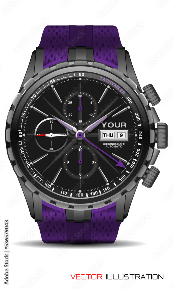 Realistic grey watch chronograph stainless steel purple rubber clockwise fashion for men design luxury isolated vector Realistic grey watch chronograph stainless steel purple rubber clockwise fashion for men design luxury isolated vector