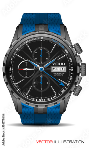 Realistic grey watch chronograph stainless steel blue rubber clockwise fashion for men design luxury isolated vector