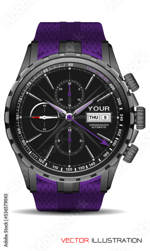 Realistic grey watch chronograph stainless steel purple rubber clockwise fashion for men design luxury isolated vector