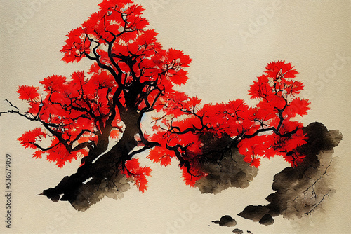 Japan, Japanese landscape with sakura, fuji mountain. Watercolor illustration,