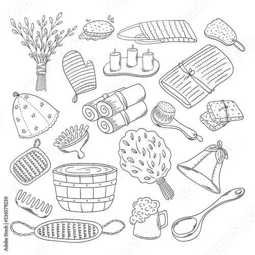 Set of hand drawn sauna isolated on a white background. Spa and relax procedure, different tool for sauna. Doodle, simple outline illustration. It can be used for decoration of textile, paper.
