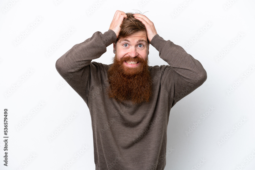 Redhead man with beard isolated on white background doing nervous gesture Redhead man with beard isolated on white background doing nervous gesture