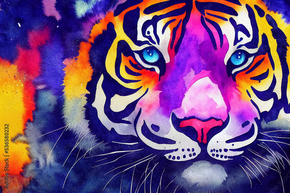 Tiger. Asian animal. Print for clothing. Neon, colorful illustration of wild cat.