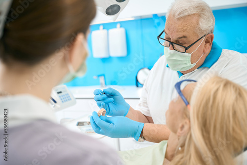 Professional orthodontist with tooth model is talking with patient