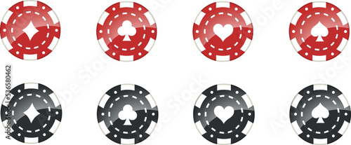 Set of red and black casino chips with card suits spades, hearts, clovers, diamonds isolated on white background. Jackpot and blackjack in roulette.   Vector stock