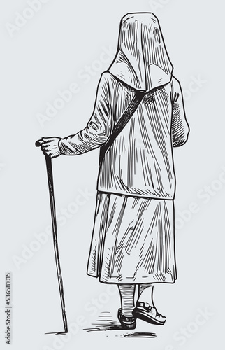 Hand drawing of alone nun with walking cane
