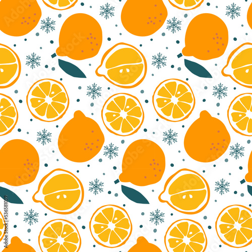 Seamless pattern with Tangerine Fruits with snow hand drawn doodle sketch. Flat vector Repeated Food template for menu, nursery design, wallpaper, wrapping, packing, textile, scrapbooking.