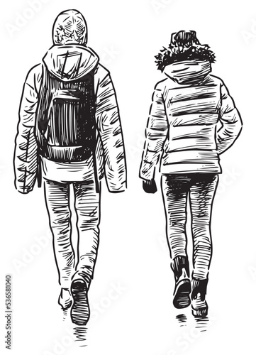 Hand drawing of pair teens friends walking outdoors