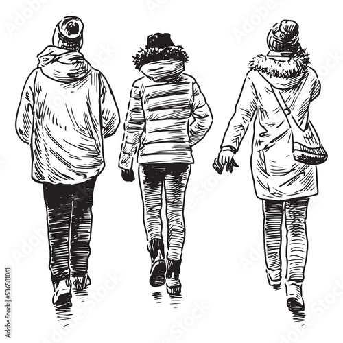 Hand drawing of teens friends walking outdoors