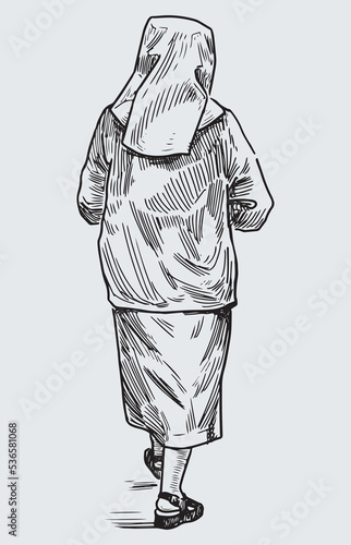 Hand drawing of walking alone nun