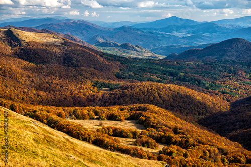 Colorful autumn mountain landscape  Bieszczady Mountains  Carpathians  Poland and Ukraine.