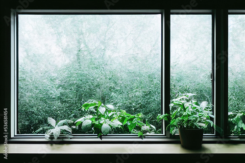 3D-image of the opened window with a view of a rainy green garden