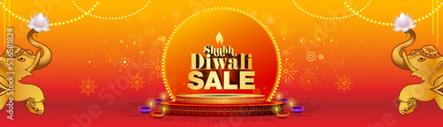 Diwali dhanteras festival Sale banner template design. Vector illustration of Diwali Light decoration, Sparkle background with podium, oil lamp and elephant.