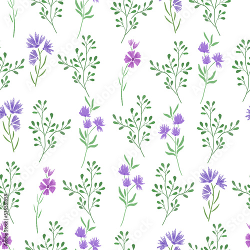 Seamless pattern hand drawn blue and violet wild flowers and herbs on white background