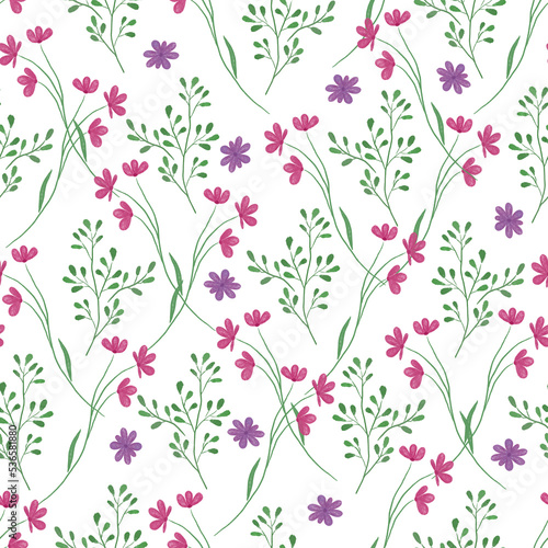 Seamless pattern hand drawn pink and violet wild flowers and herbs on white background