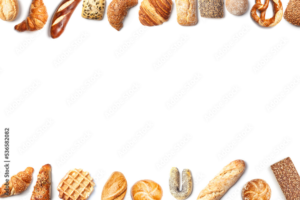 Top and bottom frame of bread variations isolated on white background