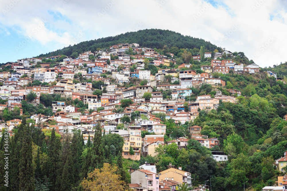 Fototapeta premium Old houses on the hill. Bursa city view. Houses on the Uludag mountain. Touristic destination in Turkey.