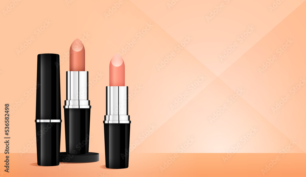 Obraz premium Vector realistic makeup sale banner design. Black Friday business promo flyer. Cosmetics luxury brochure. Premium lipstick poster. Cosmetology beige background. November holiday sales. Beauty ads