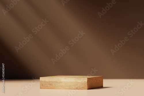 Fototapeta Naklejka Na Ścianę i Meble -  Minimal wood pedestal or podium for product showcase. Boxe shape pedestal. Brown background. Empty stage. 3d render illustration