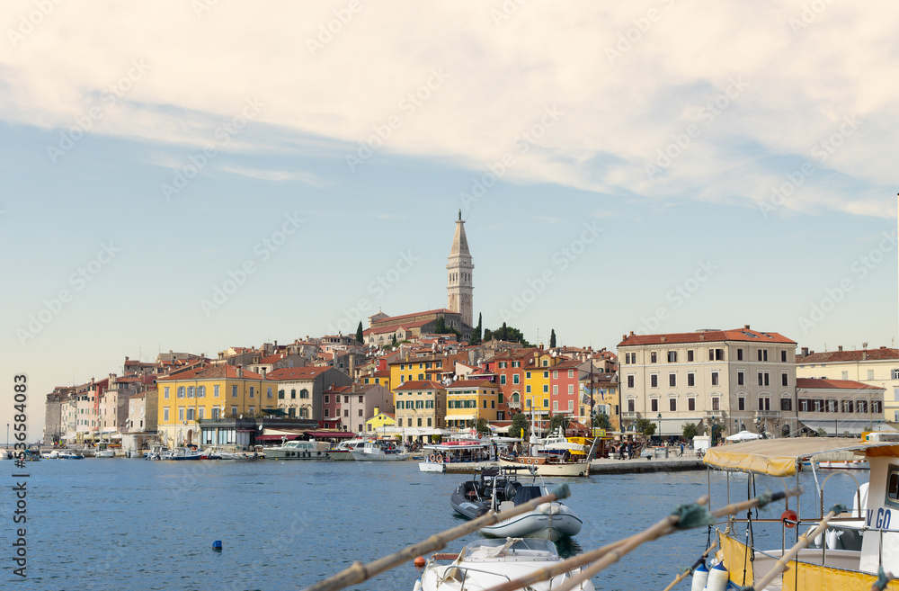 The beautiful town of Rovinj in Istria, Croatia as seen from the other side. In the middle of the town stands the 