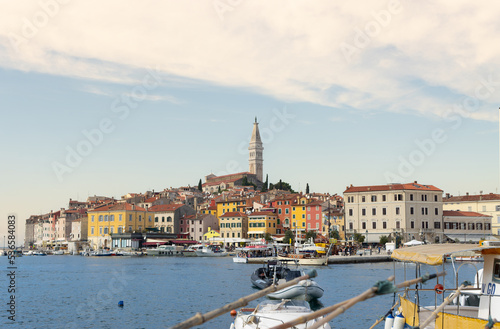 The beautiful town of Rovinj in Istria, Croatia as seen from the other side. In the middle of the town stands the "Church of St. Euphemia" that was build in the 18th century. © PaulvSchijndel