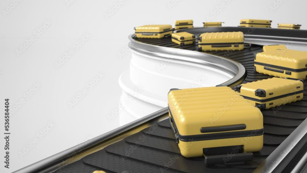 Luggage is moving along the conveyor belt of the airport. Yellow suitcases with looped 3d animation on a white background. The concept of travel and baggage loss. Luggage is moving along the conveyor belt of the airport. Yellow suitcases with looped 3d animation on a white background. The concept of travel and baggage loss.