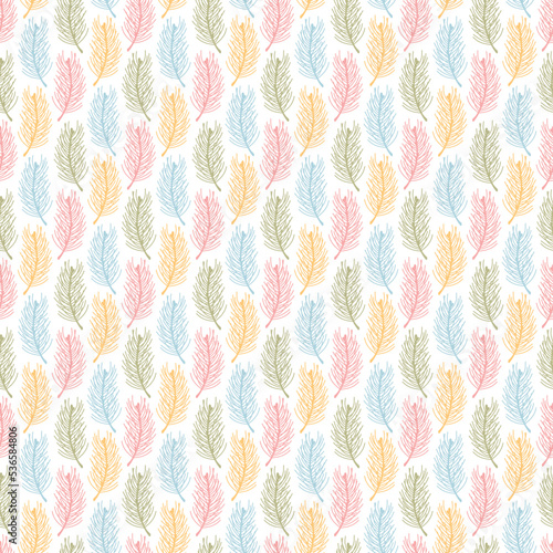 Christmas seamless vector pattern with cute fir tree twigs. Geometric floral winter texture. Simple vintage background for card, gift, fabric, textile, wrapping paper, wallpaper, packaging, print.