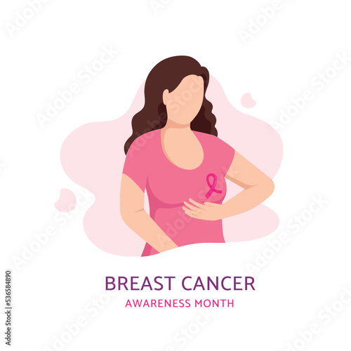 October Breast cancer Awareness Month. Woman with a pink ribbon. Women's Health Solidarity campaign. Banner, web template, poster. Flat vector cartoon illustration