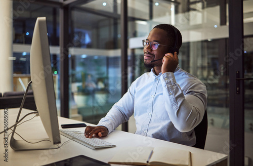 Fényképezés Call center, CRM or customer service working black man with telemarketing or customer support in office