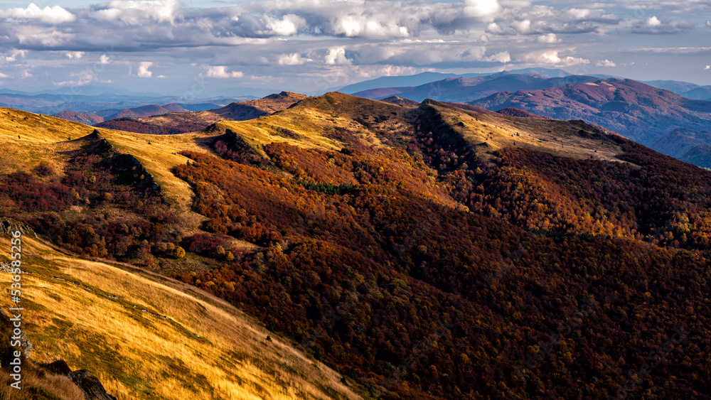 Colorful autumn mountain landscape, Bieszczady Mountains, Carpathians, Poland.
