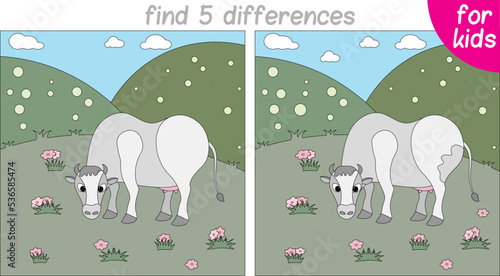 cow is grazing in the meadow. Logic game for children. You need to find 5 differences.