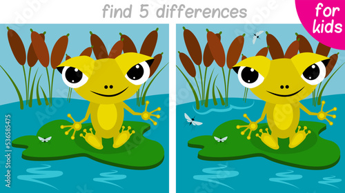 cute frog sits on a green leaf. Logic game for children. You need to find 5 differences.