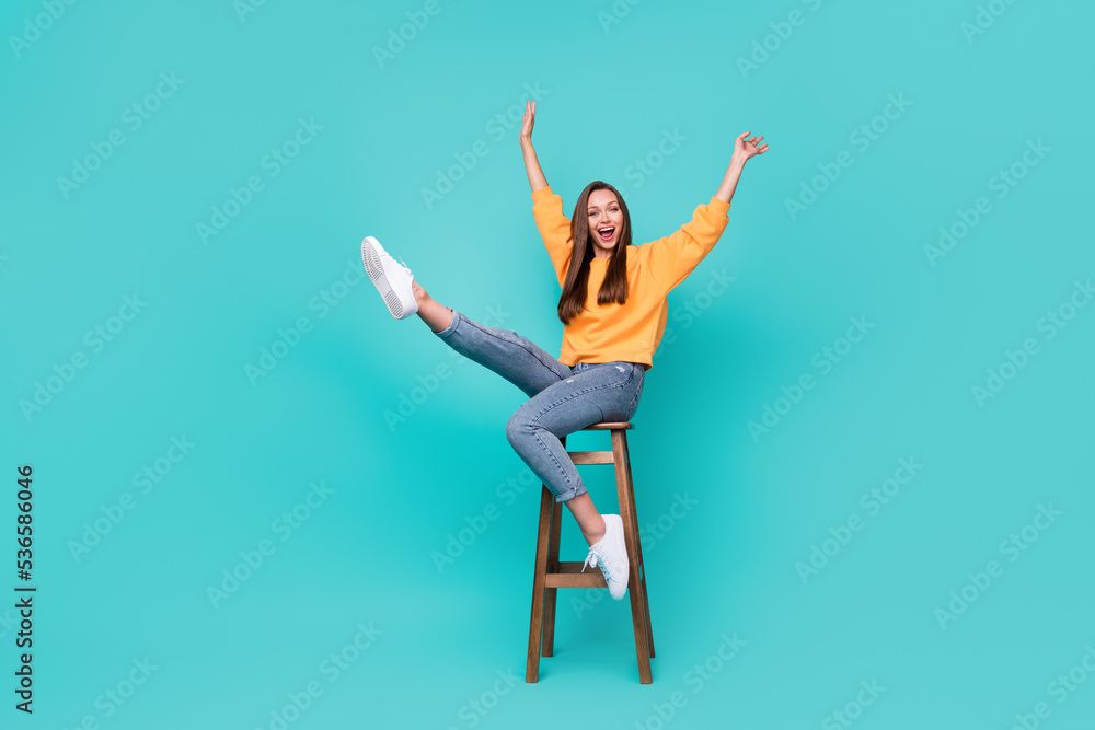 Full body size photo of young attractive prety nice woman wear yellow shirt denim celebrate weekend bar holiday isoalated on cyan color background