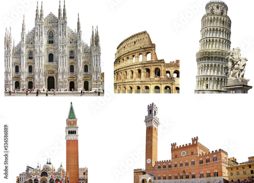 Italian most famous architectural landmarks set for collage. Heritage and architecture of Italy