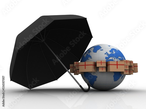 3d rendering Cardboard boxes with globe protection umbrella 