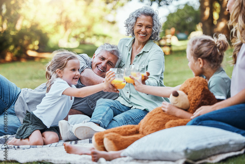 Family, cheers with juice and a picnic in park on happy summer weekend with smile. Grandma, grandpa and mother with girl children relax, celebrate outdoor fun and quality time together in Australia. © Clement Coetzee/peopleimages.com