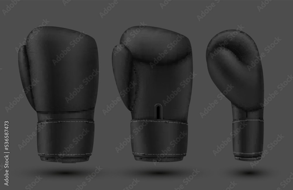 Black boxing glove front side view set realistic vector hand protective equipment for fighting