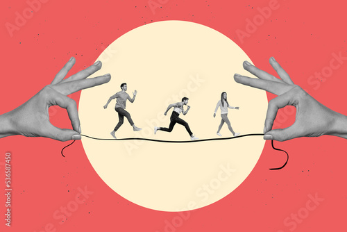 Creative drawing collage picture of company business team building walking hands hold tightrope keep balance start up take risk colleagues