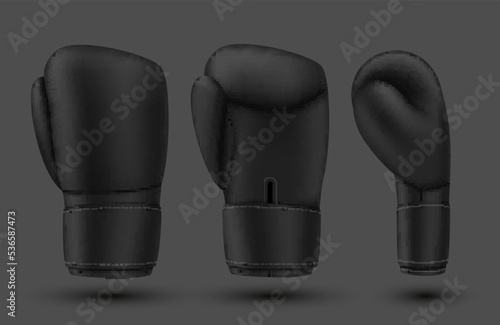 Black boxing glove front side view set realistic vector hand protective equipment for fighting sport